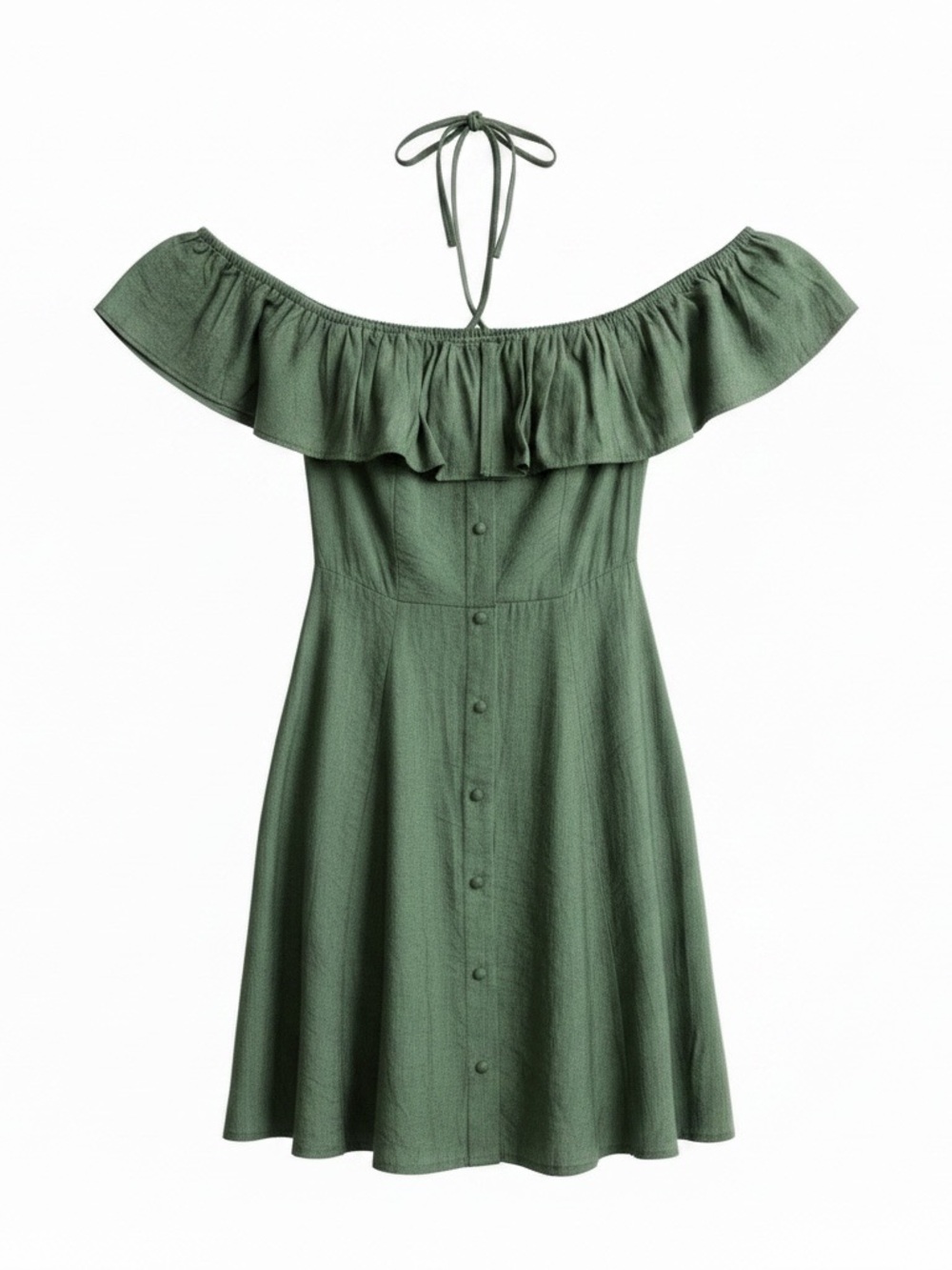 Line & Dot Olive Green Off the Shoulder Dress Ruffle Halter Button Front Mini XS